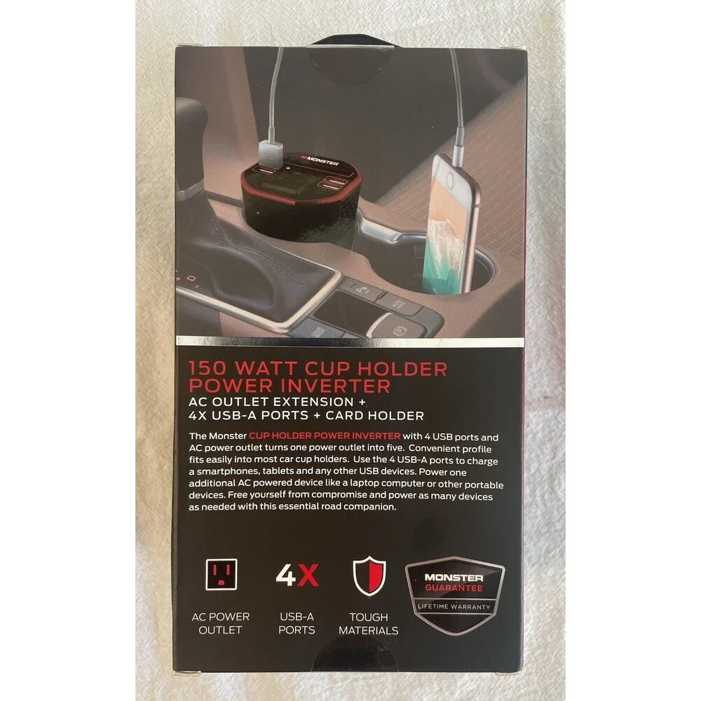 Monster 150 Watt Cup Holder Power Inverter - USB-A & 110V AC Outlet